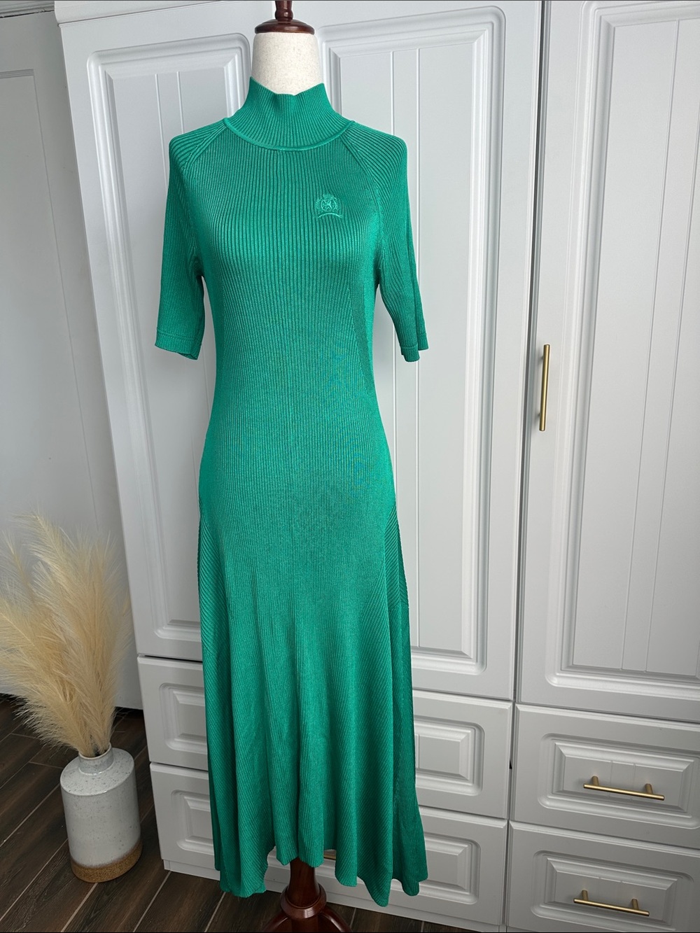 Tommy Hilfiger Tech Surf Green Mock Neck Ribbed Knit Dress